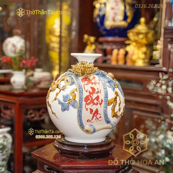 Bình Hút Lộc Cuốn Thư Phát Tài Phát Lộc Men Màu Đắp Nổi