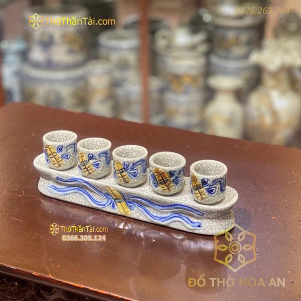 Khay/ Kỷ Nước 5 Chén Men Rạn Đắp Nổi