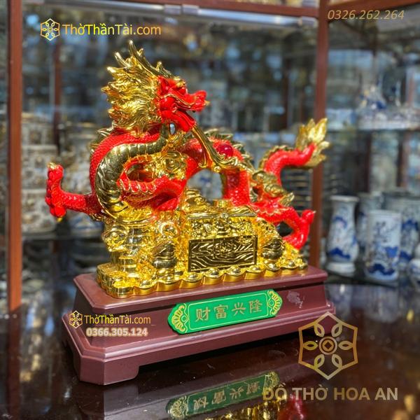 Tượng Rồng Đỏ Cuộn Rương Vàng