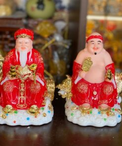Tượng Thần Tài Thổ Địa Bột Đá Đỏ Ngồi Ngai Rồng