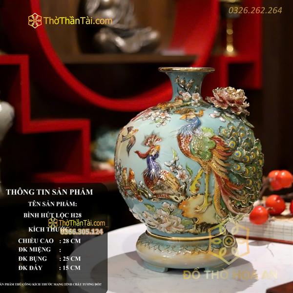 Bình Hút Lộc Công Đào Men Xanh Ngọc Đắp Nổi Vẽ Vàng 24K H28