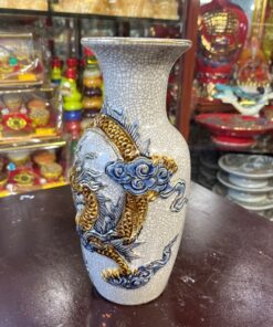 Lọ Hoa Lục Bình Rồng Men Rạn Đắp Nổi Vẽ Vàng 24K