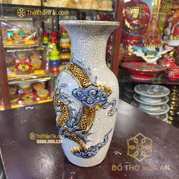 Lọ Hoa Lục Bình Rồng Men Rạn Đắp Nổi Vẽ Vàng 24K