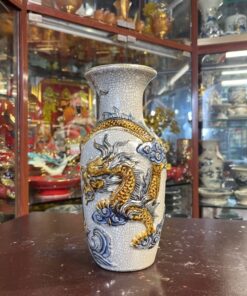 Lọ Hoa Lục Bình Rồng Men Rạn Đắp Nổi Vẽ Vàng 24K