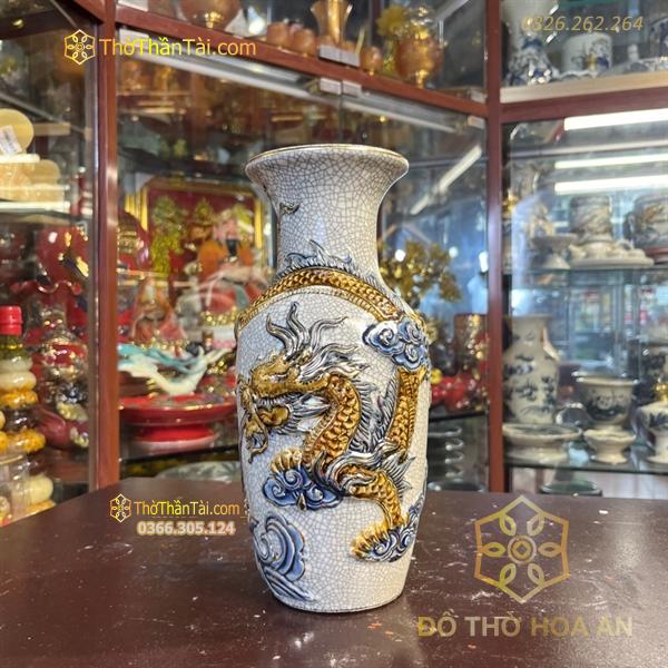 Lọ Hoa Lục Bình Rồng Men Rạn Đắp Nổi Vẽ Vàng 24K