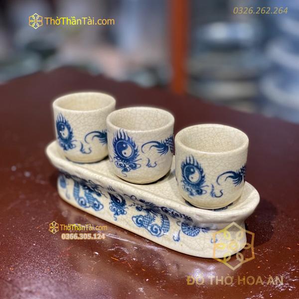 Kỷ/ Khay Nước 3 Chén Men Rạn Vẽ