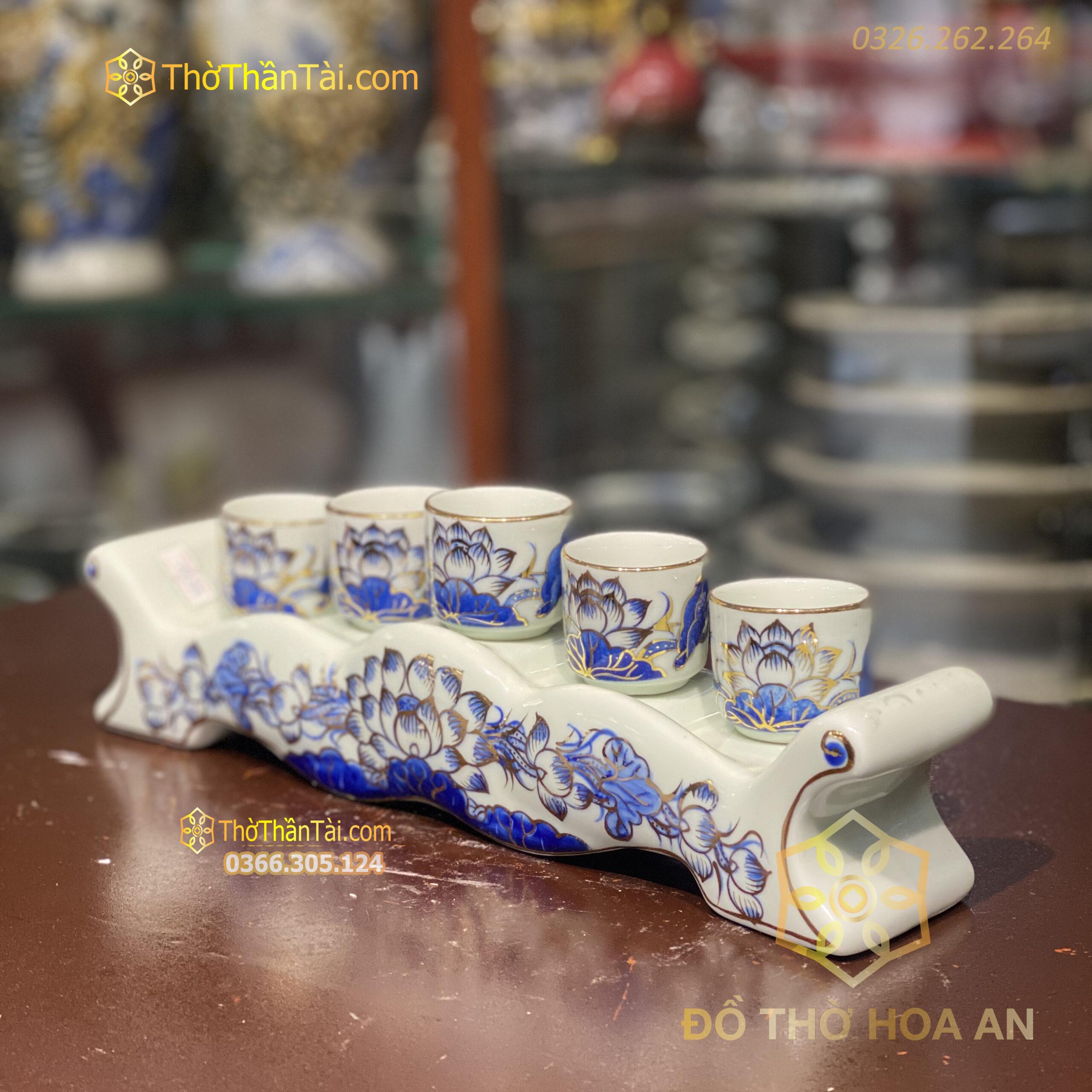 Kỷ Ngai 5 Chén Men Lam Vẽ Vàng 24K