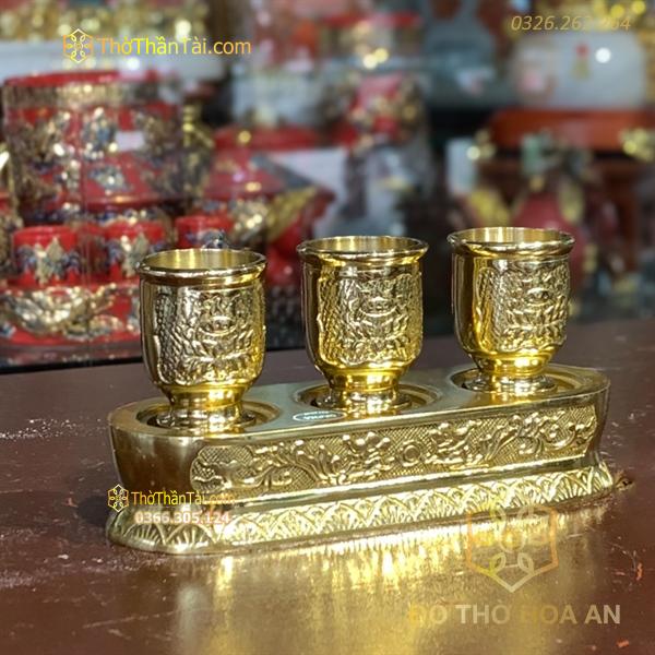 Kỷ/Khay Nước 3 Chén Đồng Vàng