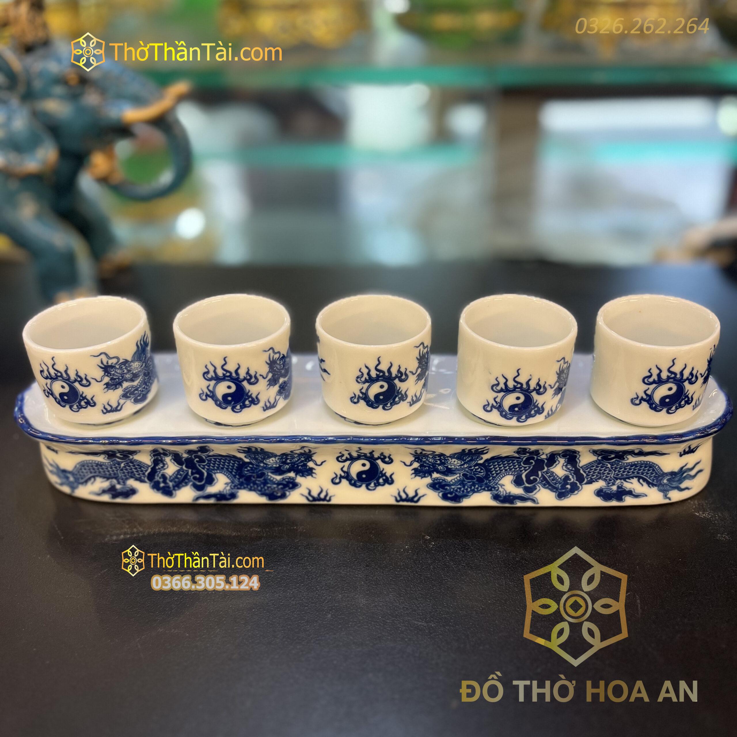 Khay/Kỷ nước Bát Tràng Rồng 5 Chén Men Lam