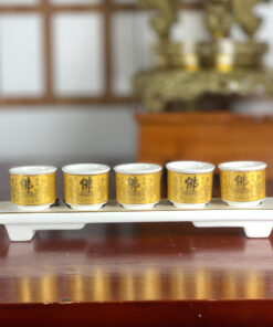 Khay/ Kỷ 5 Chén Sứ Bát Nhã Tâm Kinh Vàng