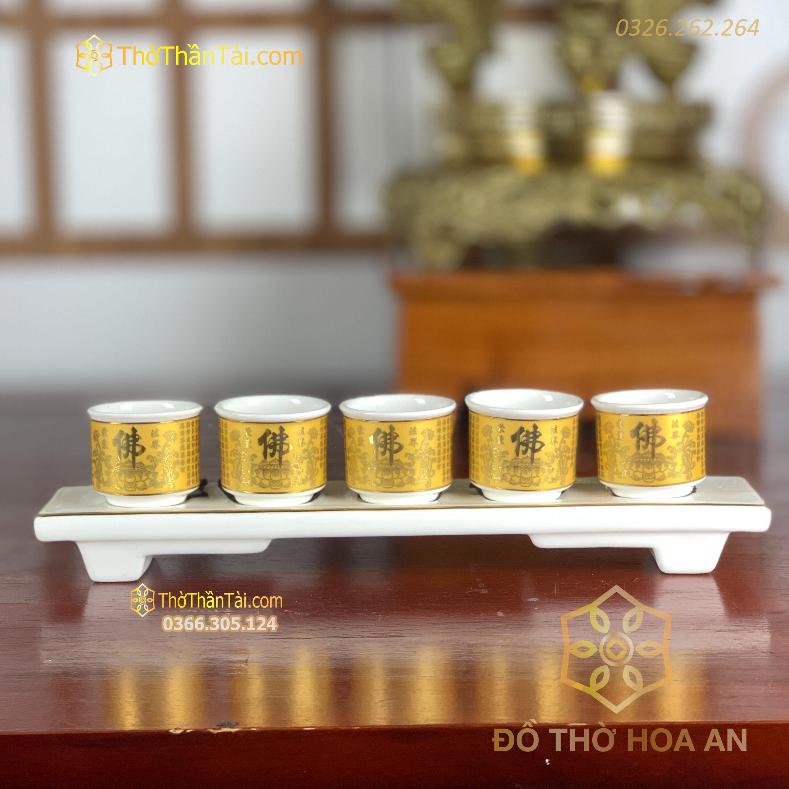 Khay/ Kỷ 5 Chén Sứ Bát Nhã Tâm Kinh Vàng
