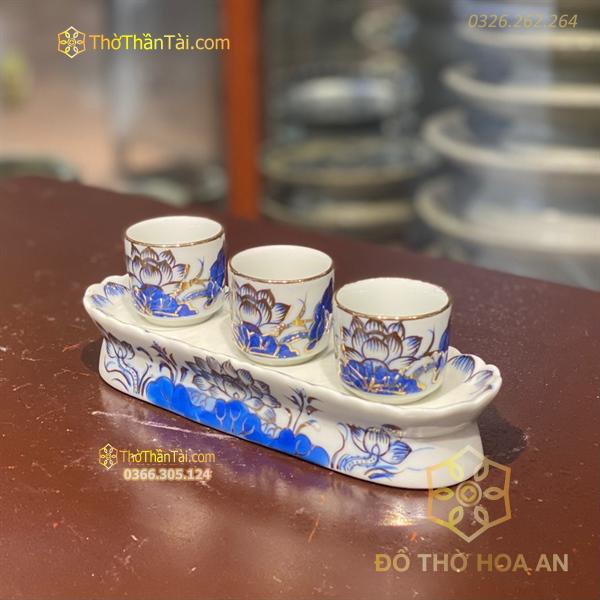 Kỷ/Khay Nước 3 Chén Men Lam Vẽ Vàng 24K