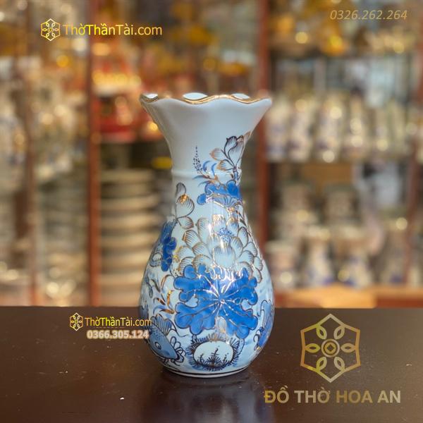 Lọ Hoa Miệng Loe Men Lam Vẽ Vàng 24K
