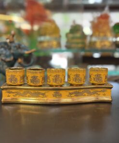 Khay Nước 5 Chén Men Vàng Kim Sa