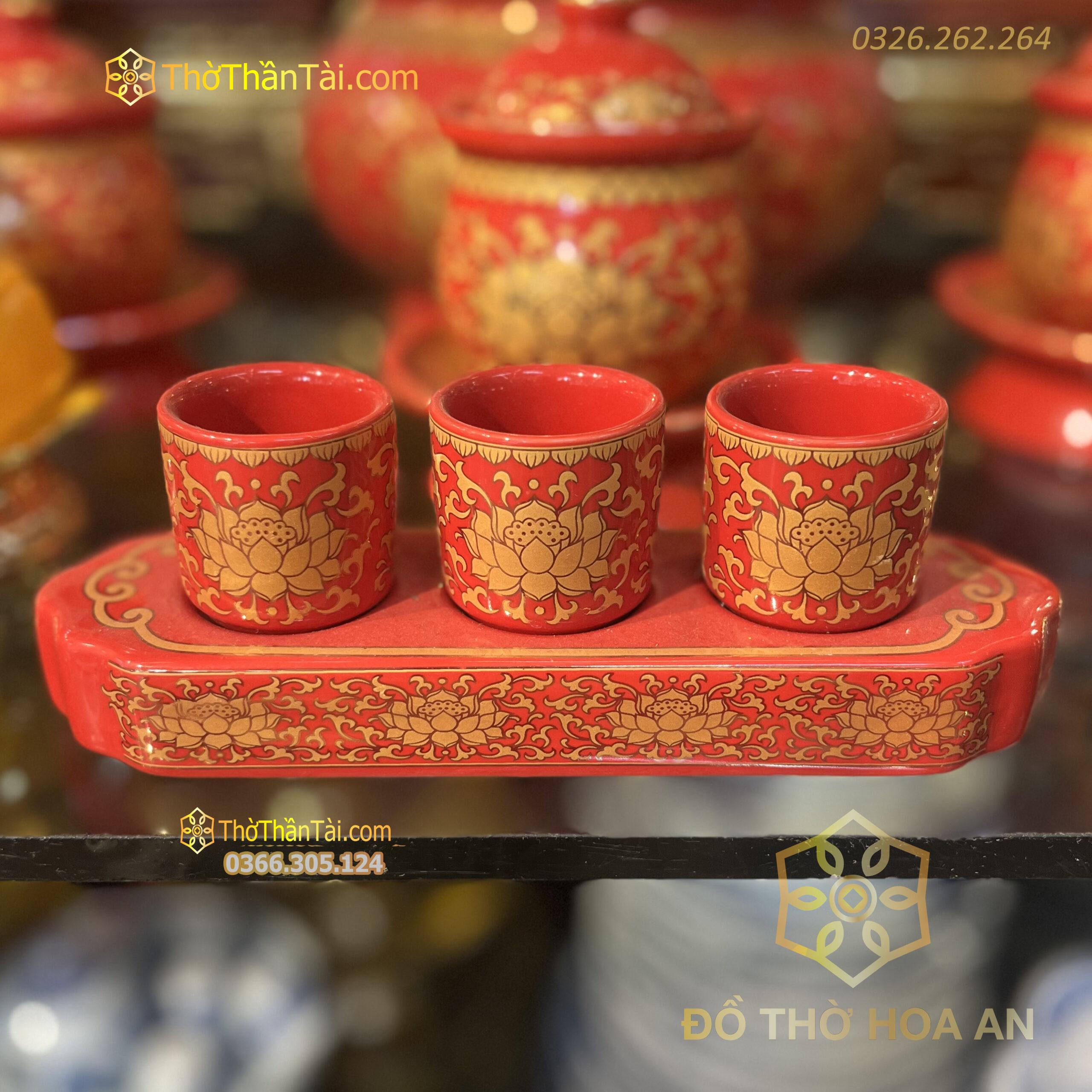 Khay Nước 3 Chén Sứ Gấm Đỏ