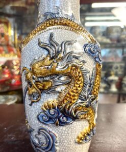 Lọ Hoa Lục Bình Rồng Men Rạn Đắp Nổi Vẽ Vàng 24K