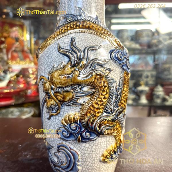 Lọ Hoa Lục Bình Rồng Men Rạn Đắp Nổi Vẽ Vàng 24K