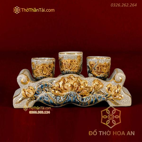 Kỷ/Khay Nước 3 Chén Men Rạn Vẽ Vàng 24K