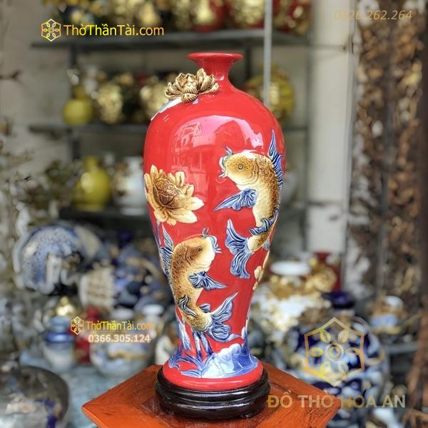 Mai Bình Sen Cá Men Màu Đắp Nổi