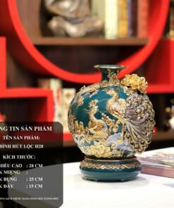 Bình Hút Lộc Công Đào Men Xanh Lá Đắp Nổi Vẽ Vàng 24K H28 M2