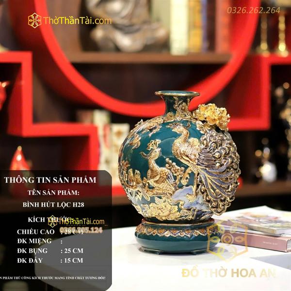 Bình Hút Lộc Công Đào Men Xanh Lá Đắp Nổi Vẽ Vàng 24K H28 M2