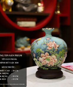 Bình Hút Lộc Hoa Sen Men Xanh Ngọc Đắp Nổi Vẽ Vàng 24K H28