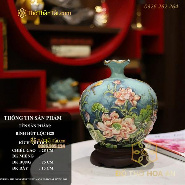 Bình Hút Lộc Hoa Sen Men Xanh Ngọc Đắp Nổi Vẽ Vàng 24K H28