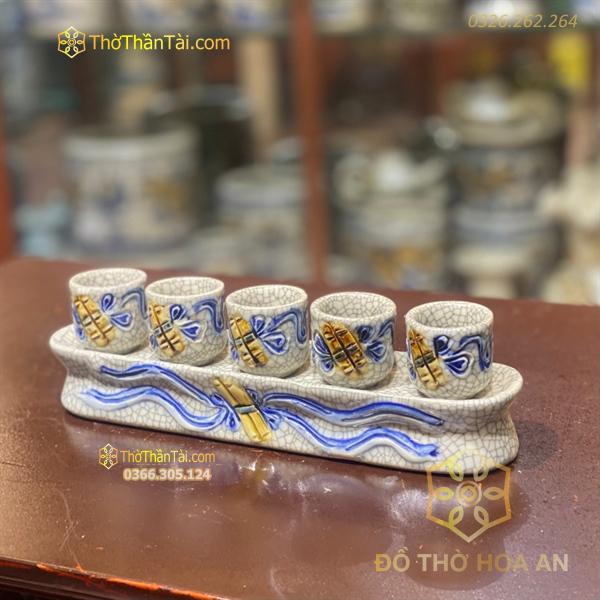 Khay/ Kỷ Nước 5 Chén Men Rạn Đắp Nổi