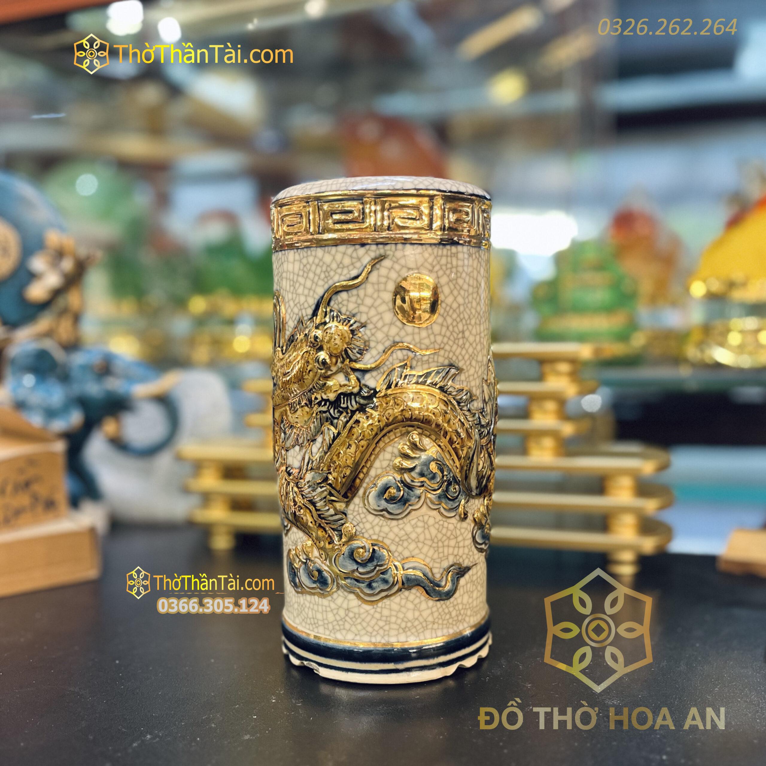 Ống Hương Men Rạn Đắp Nổi Vẽ Vàng