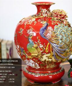 Bình Hút Lộc Công Đào Men Đỏ Đắp Nổi Vẽ Vàng 24K H30