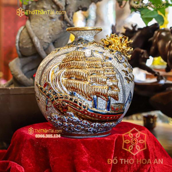 Bình Hút Lộc Thuận Buồm Xuôi Gió Men Rạn Đắp Nổi Vẽ Vàng 24K H28