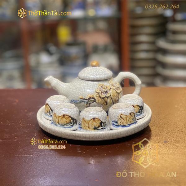 Bộ Ấm Chén Trà Thờ Men Rạn Đắp Nổi