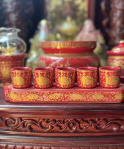 Khay Nước 5 Chén Sứ Gấm Đỏ