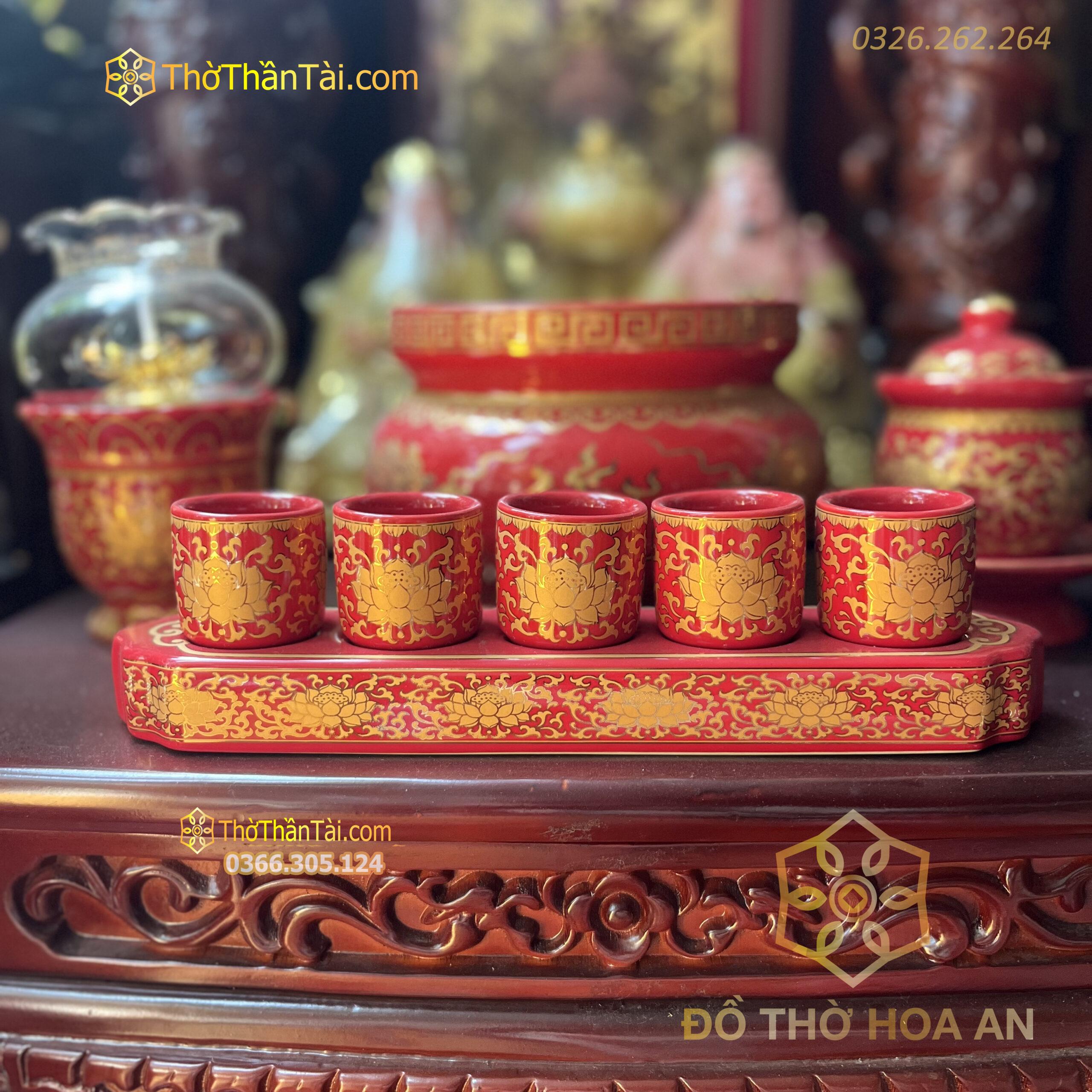Khay Nước 5 Chén Sứ Gấm Đỏ