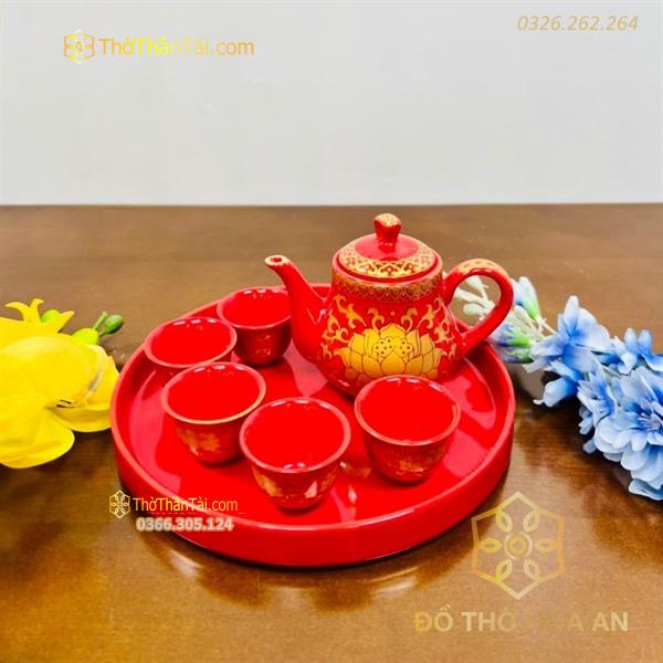 Bộ Ấm Chén Trà Thờ Sứ Gấm Đỏ