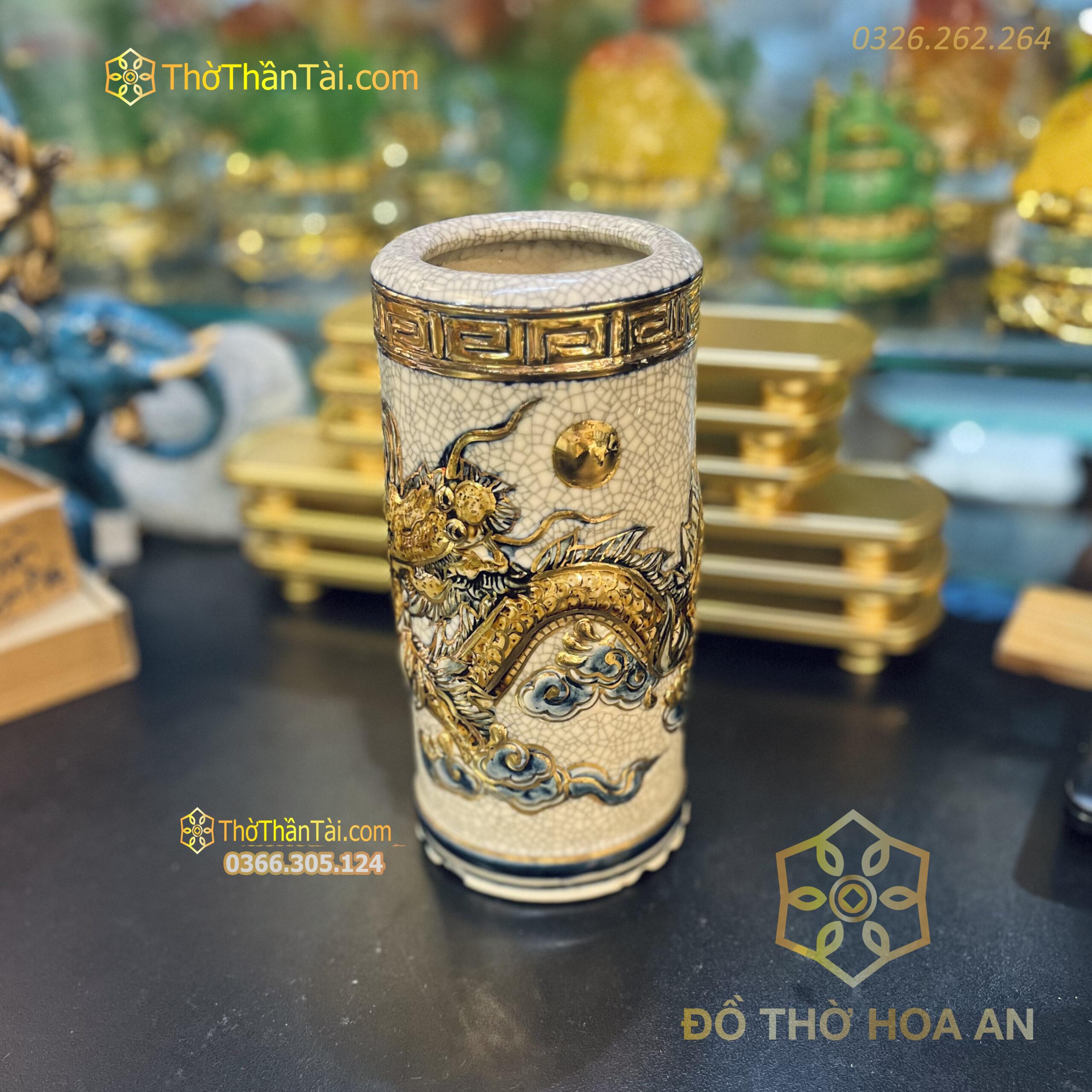 Ống Hương Men Rạn Đắp Nổi Vẽ Vàng