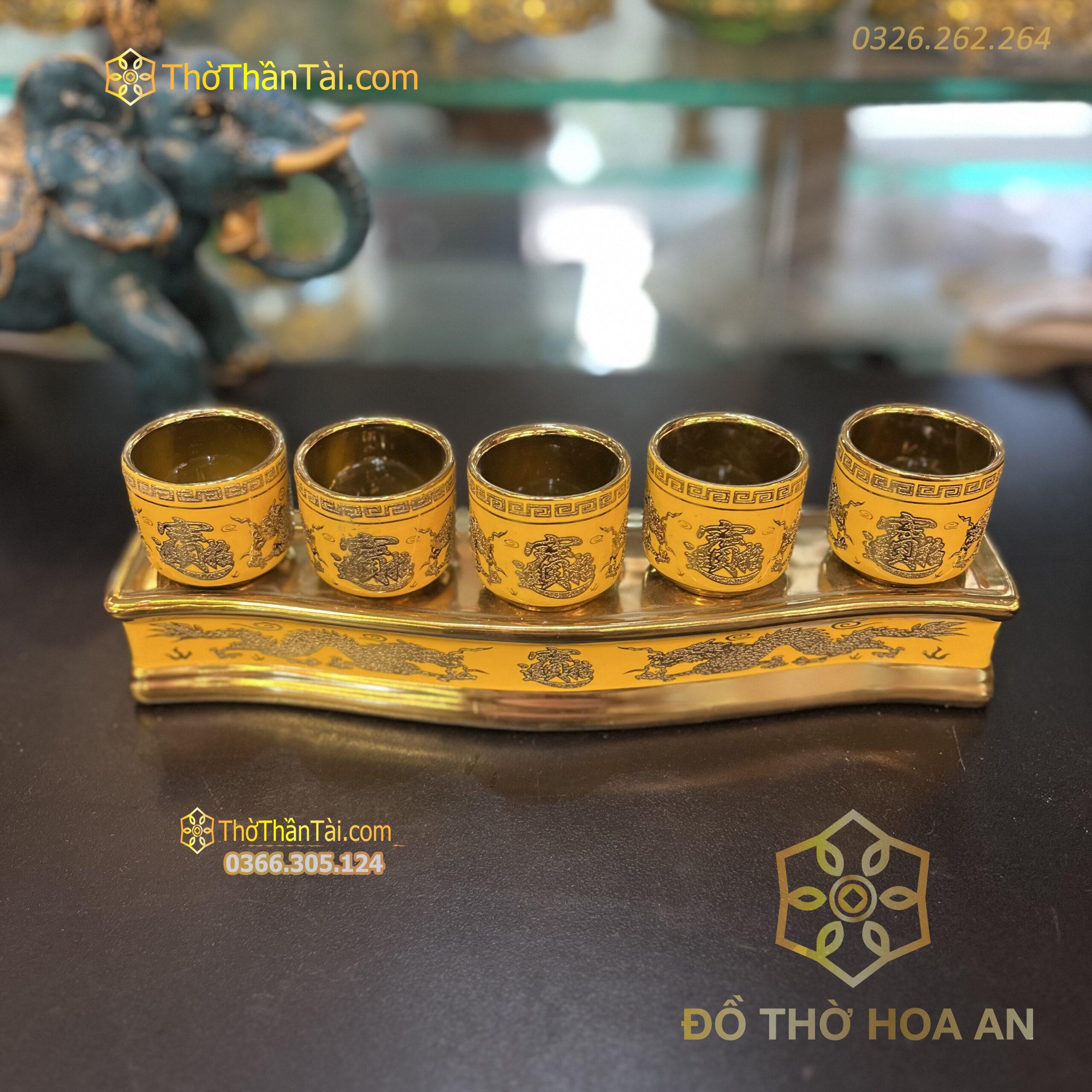 Khay Nước 5 Chén Men Vàng Kim Sa