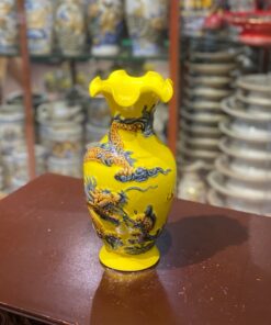 Lọ Hoa Lượn Rồng Đắp Nổi Men Vàng Hoàng Kim