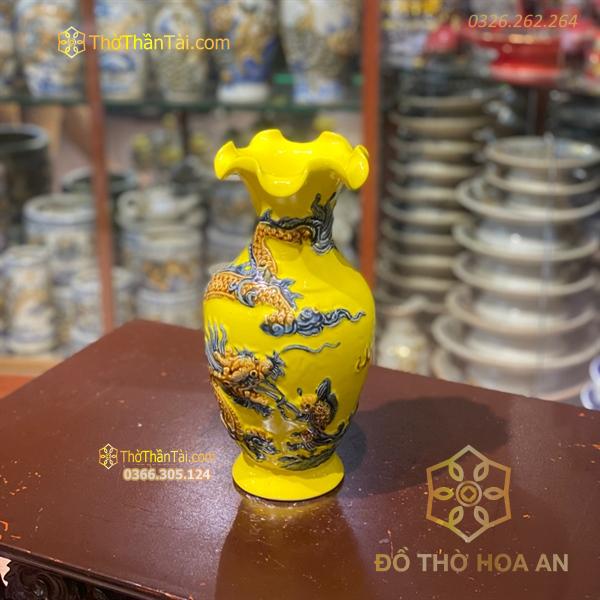 Lọ Hoa Lượn Rồng Đắp Nổi Men Vàng Hoàng Kim
