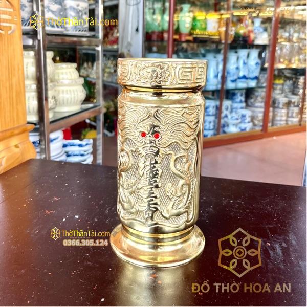 Ống Đựng Hương Đồng Vàng Khắc Nổi Rồng