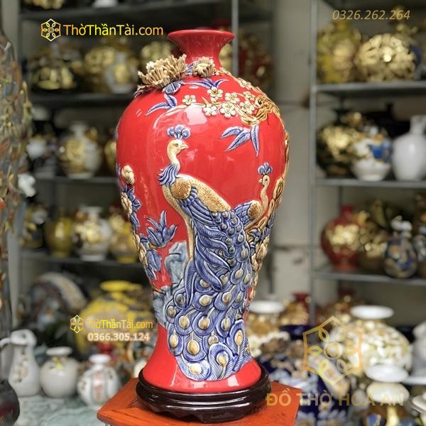 Mai Bình Công Đào Đuôi Thả Men Màu Đắp Nổi