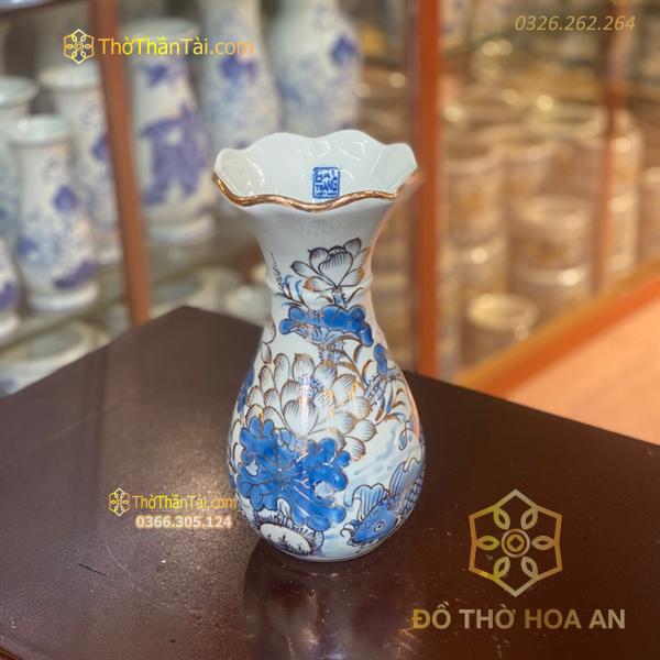 Lọ Hoa Miệng Loe Men Lam Vẽ Vàng 24K