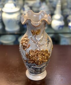 Lọ Hoa Men Rạn Đắp Nổi Hoa Sen Miệng Lượn Vẽ Vàng 24K