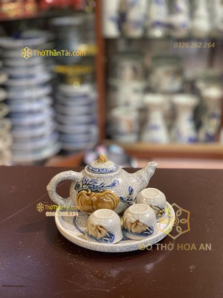 Bộ Ấm Chén Trà Thờ Men Rạn Đắp Nổi