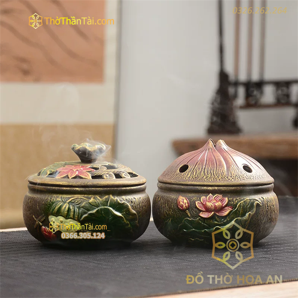 Đốt Trầm Gốm Tử Sa Hoa Sen Xanh