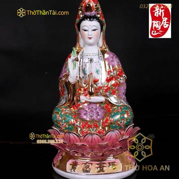 Tượng Phật Quan Âm Ngồi Bệ Sen Họa Tiết Gấm