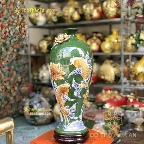Mai Bình Sen Cá Men Màu Đắp Nổi