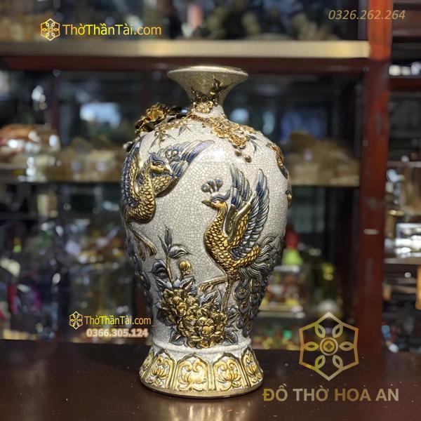 Mai Bình Hút Lộc Công Đào Men Rạn Vẽ Vàng 24K