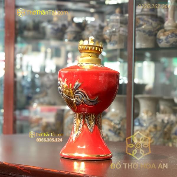Đèn Dầu Men Đỏ Vẽ Vàng