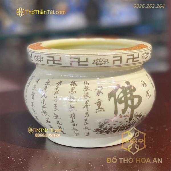 Bát Hương Kinh Bát Nhã Chữ Phật Men Màu Ngà